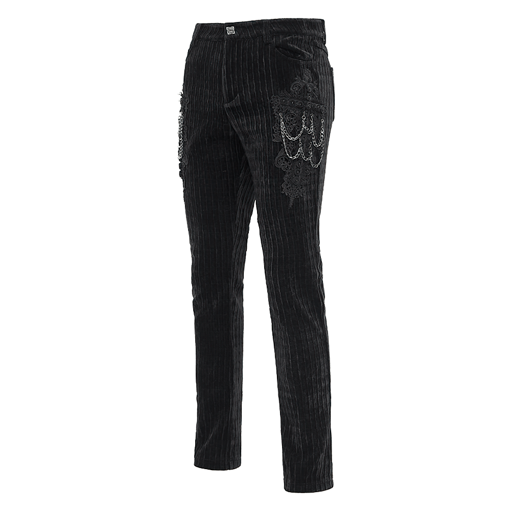 Gothic black velvet slim fit pants with chain embellishments and embroidered details, perfect for bold gothic fashion.