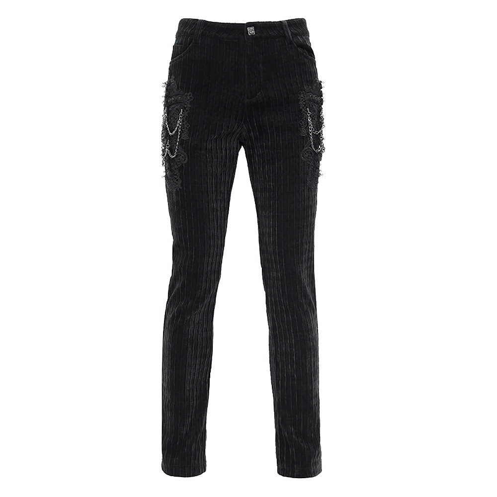 Gothic black velvet slim fit pants with chain and embroidered detail for edgy men's fashion.