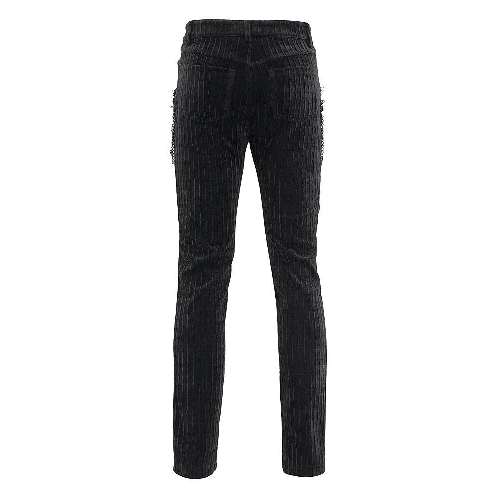 Gothic black velvet slim fit pants with chain embellishments and embroidered details, showcasing a stylish back view.