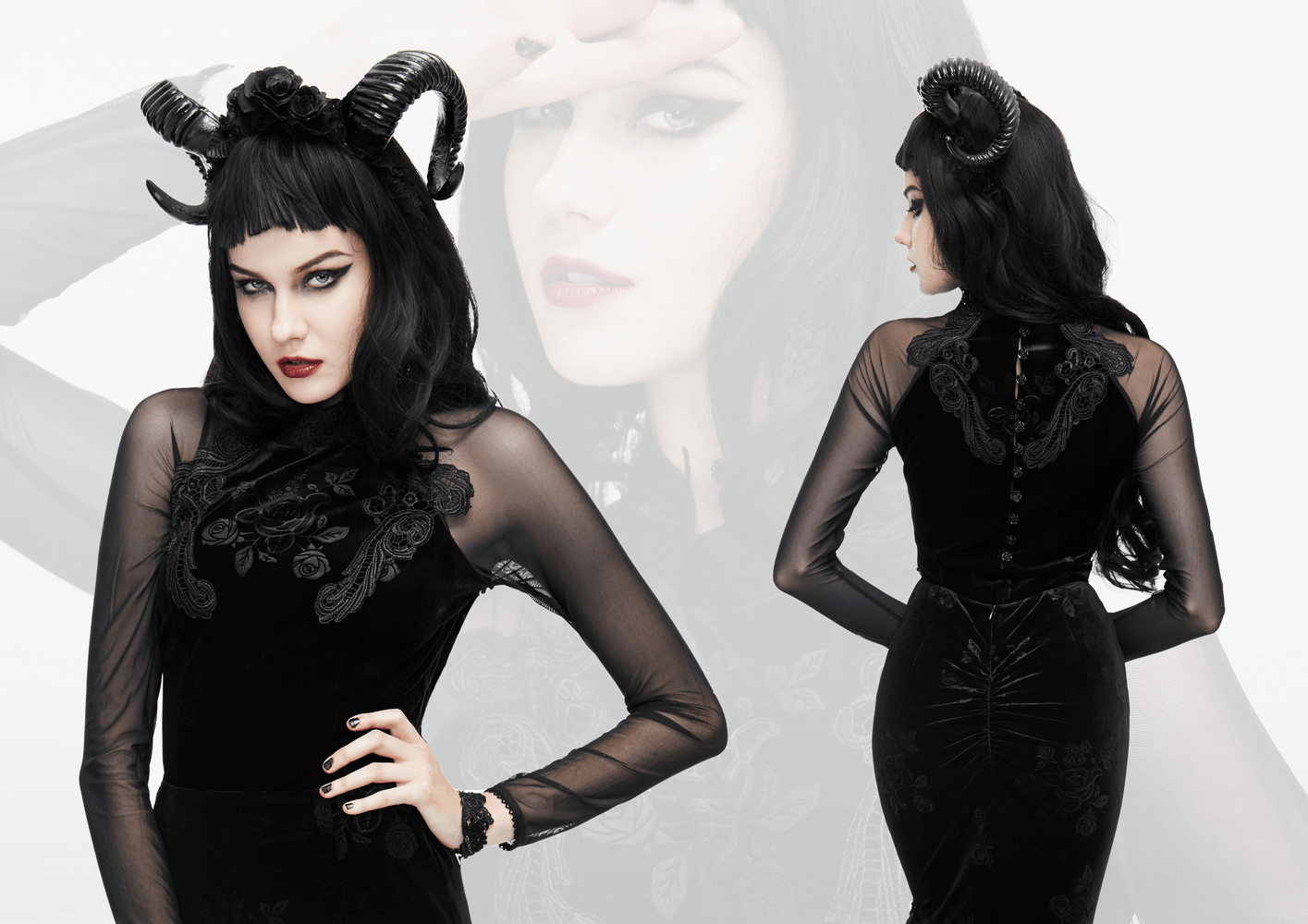 Gothic black velvet top with embroidered detail and long mesh sleeves, featuring rose buttons, worn by a stylish model.
