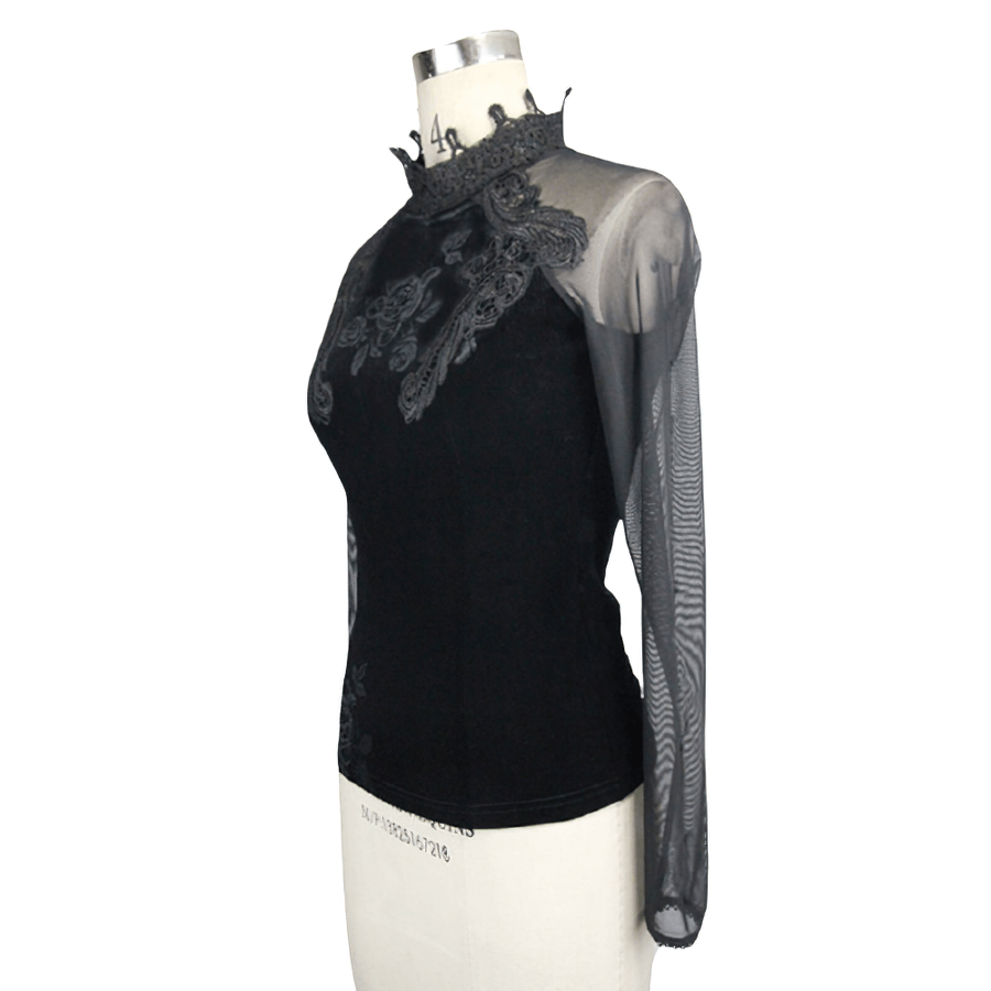 Gothic black velvet top with embroidered details and long mesh sleeves for a stylish look.