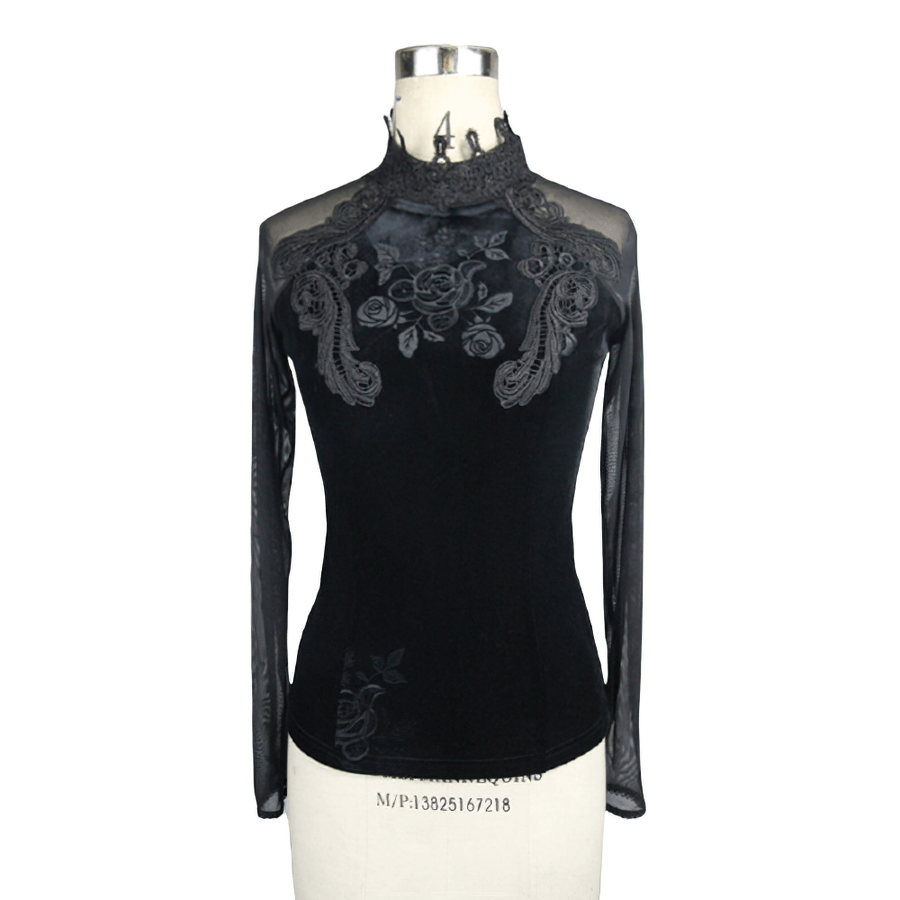 Women's gothic black velvet top with embroidery and long mesh sleeves, featuring elegant rose design.
