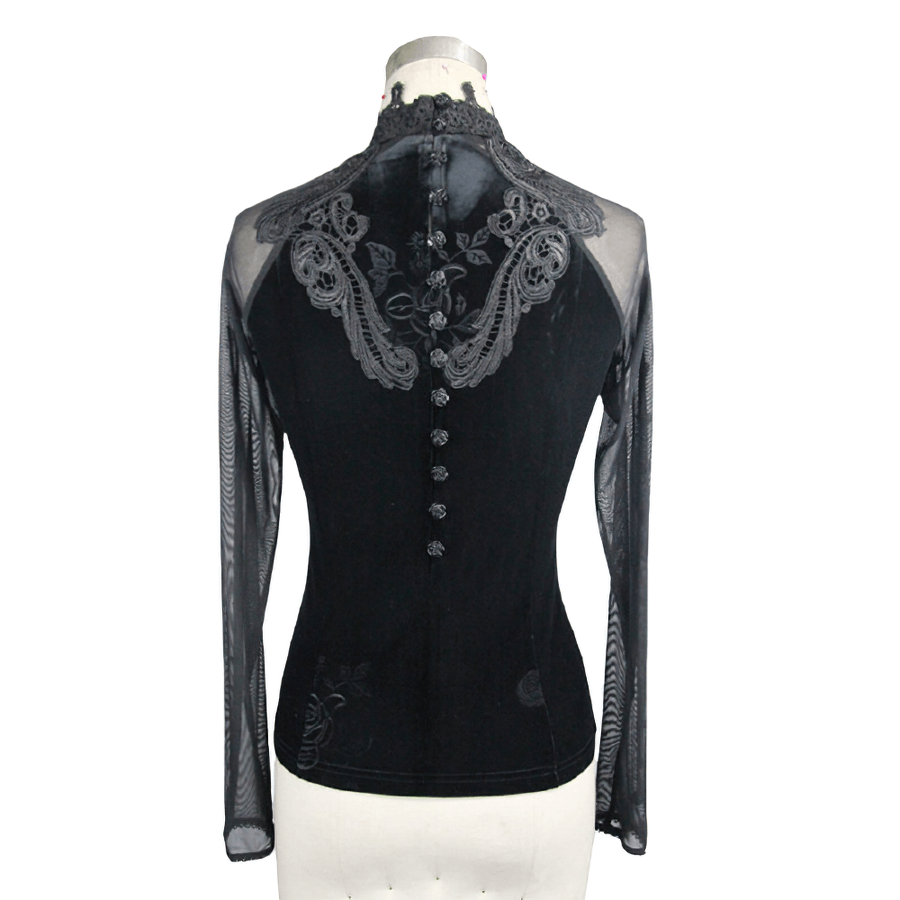 Gothic black velvet top with embroidery and long mesh sleeves featuring elegant rose buttons on the back. Perfect for stylish women.