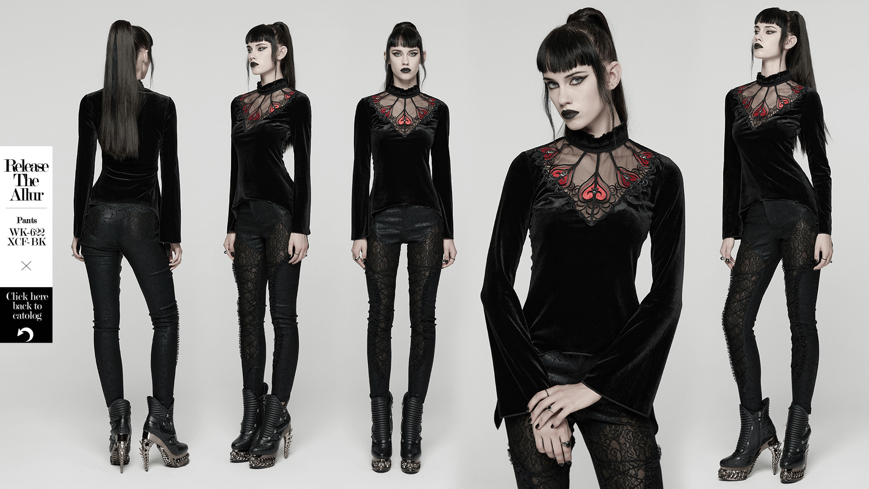 Gothic Black Velvet Top with Lace and Red Heart Detail worn by model displaying gothic style.