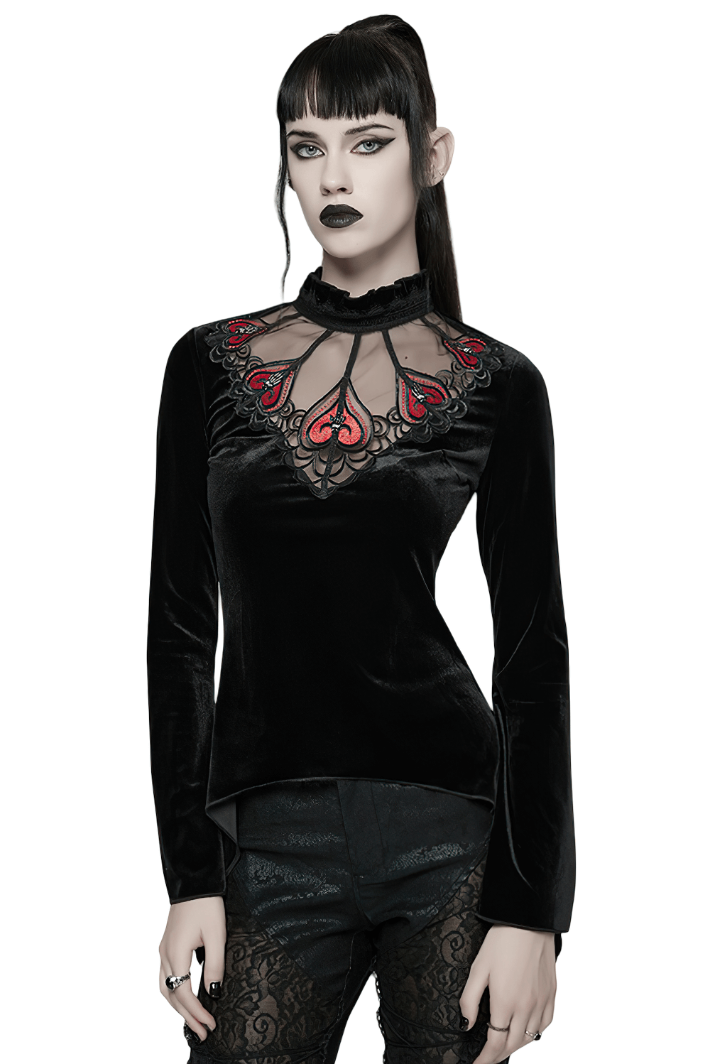 Gothic Black Velvet Top with Lace and Red Heart Detail worn by a model, featuring a mesh chest and elegant ruffled collar.