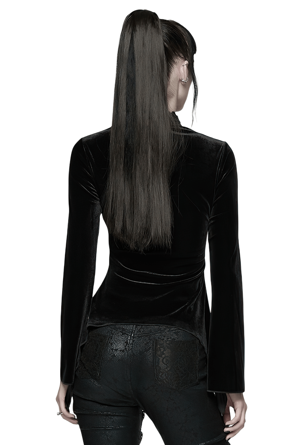 Gothic Black Velvet Top with Lace and Red Heart Detail seen from the back, showcasing sleek velvet texture and long sleeves.