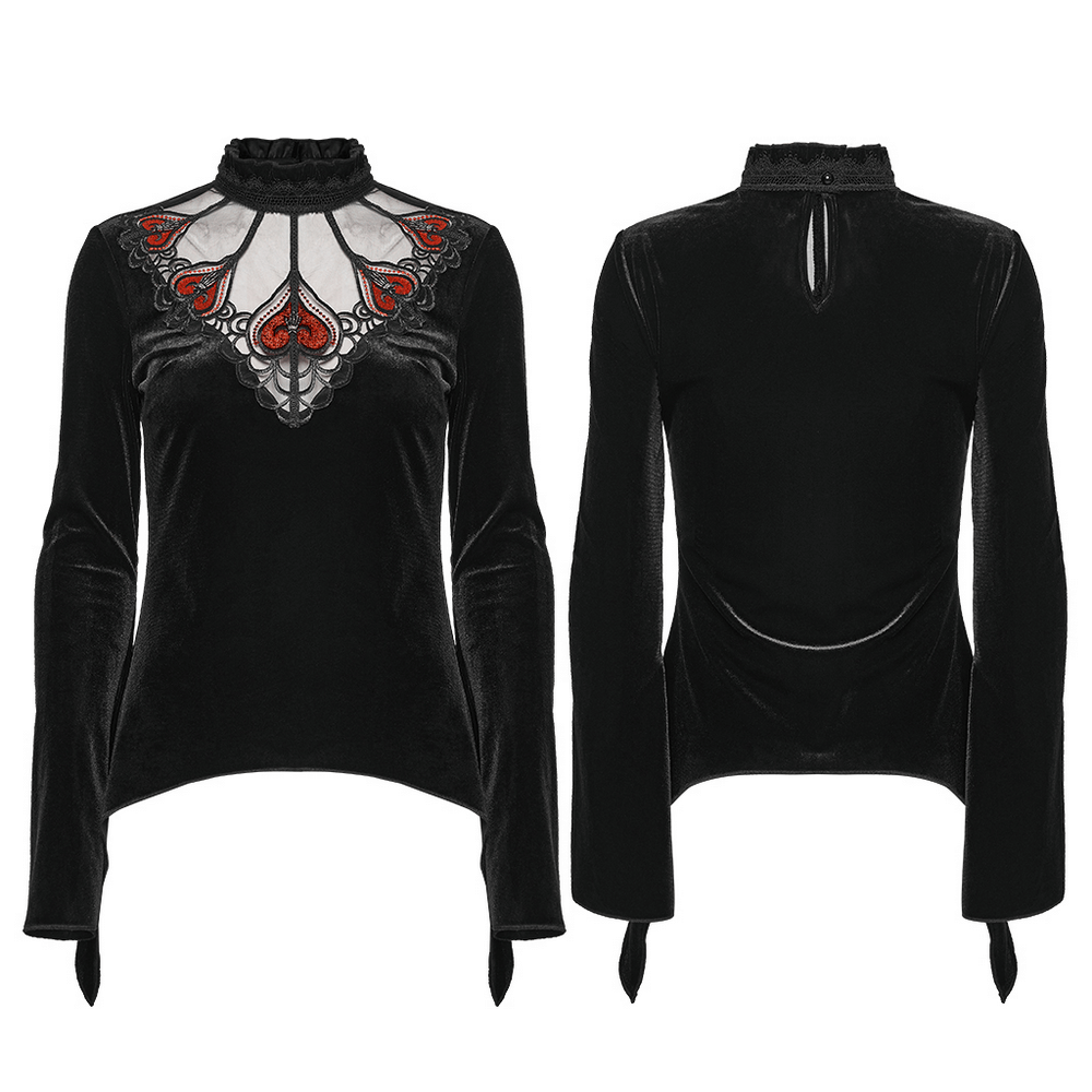 Gothic Black Velvet Top with Lace and Red Heart Detail showcasing velvet fabric, lace design, and unique heart embellishments.