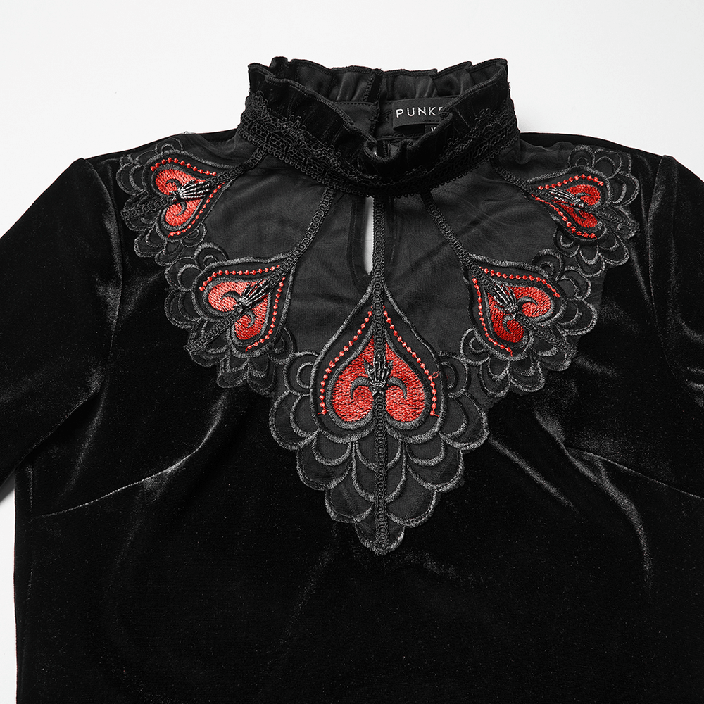 Gothic Black Velvet Top with Lace and Red Heart Detail showcasing intricate heart decals and ruffled collar.