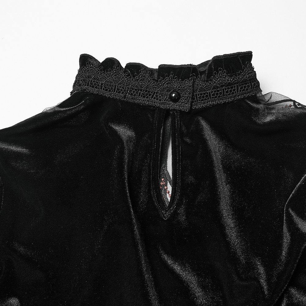 Gothic Black Velvet Top with Lace and Red Heart Detail showcasing mesh collar and button detail.