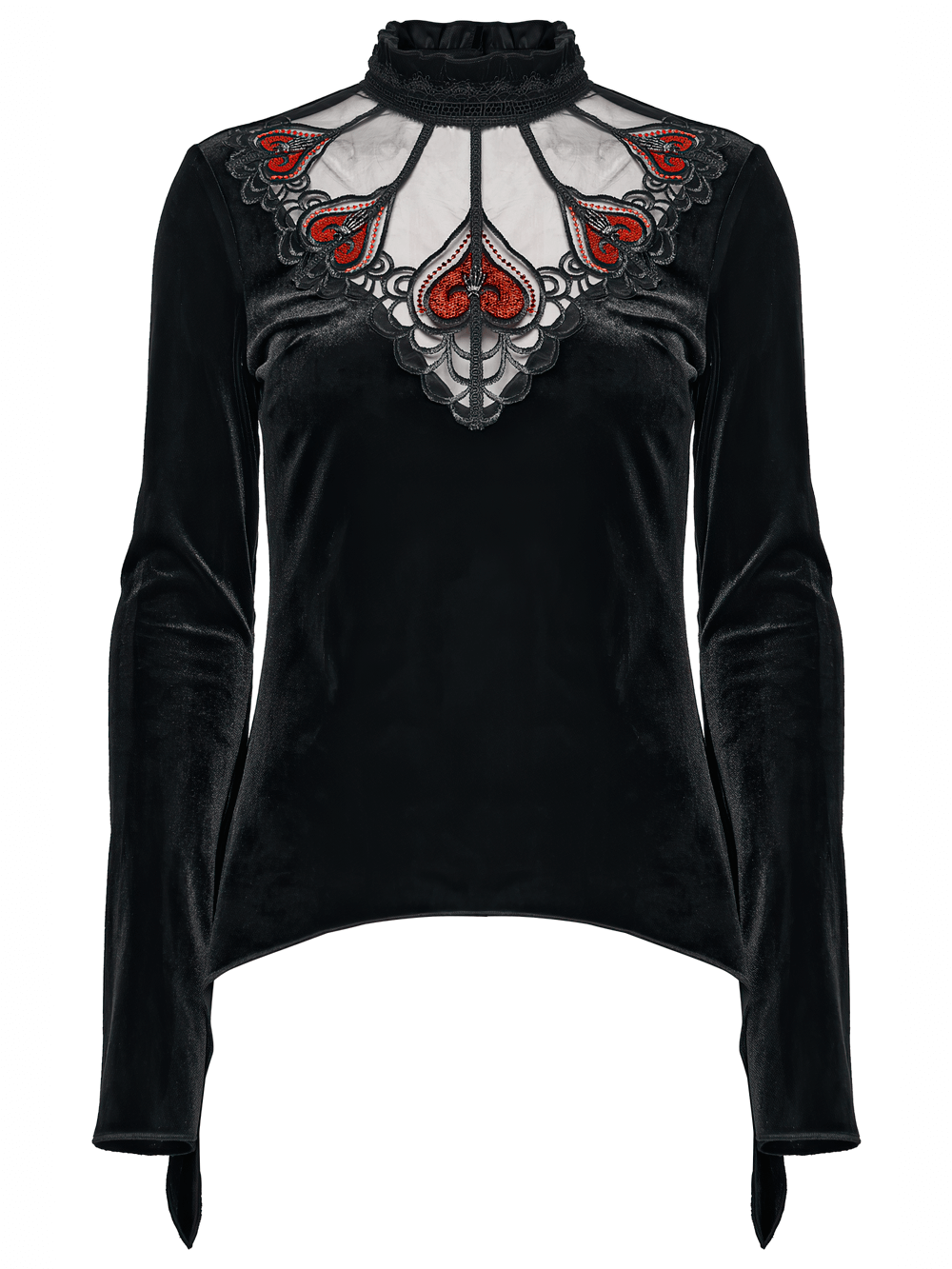 Gothic Black Velvet Top with Lace and Red Heart Detail featuring a stand collar and ruffled design.