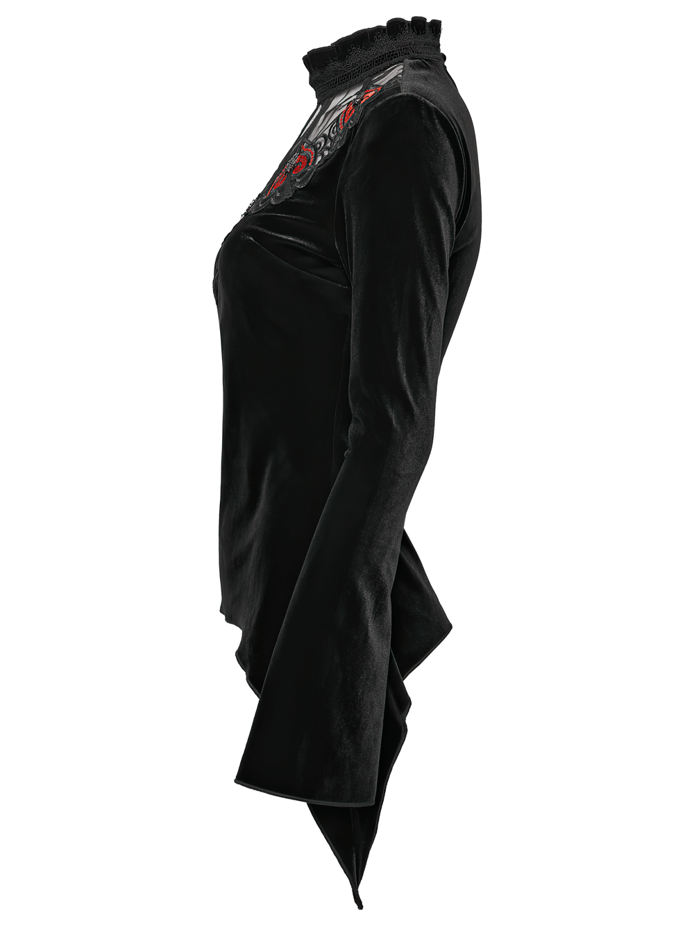 Gothic Black Velvet Top with Lace and Red Heart Detail, showcasing a stylish side view of ruffled collar and mesh heart details.