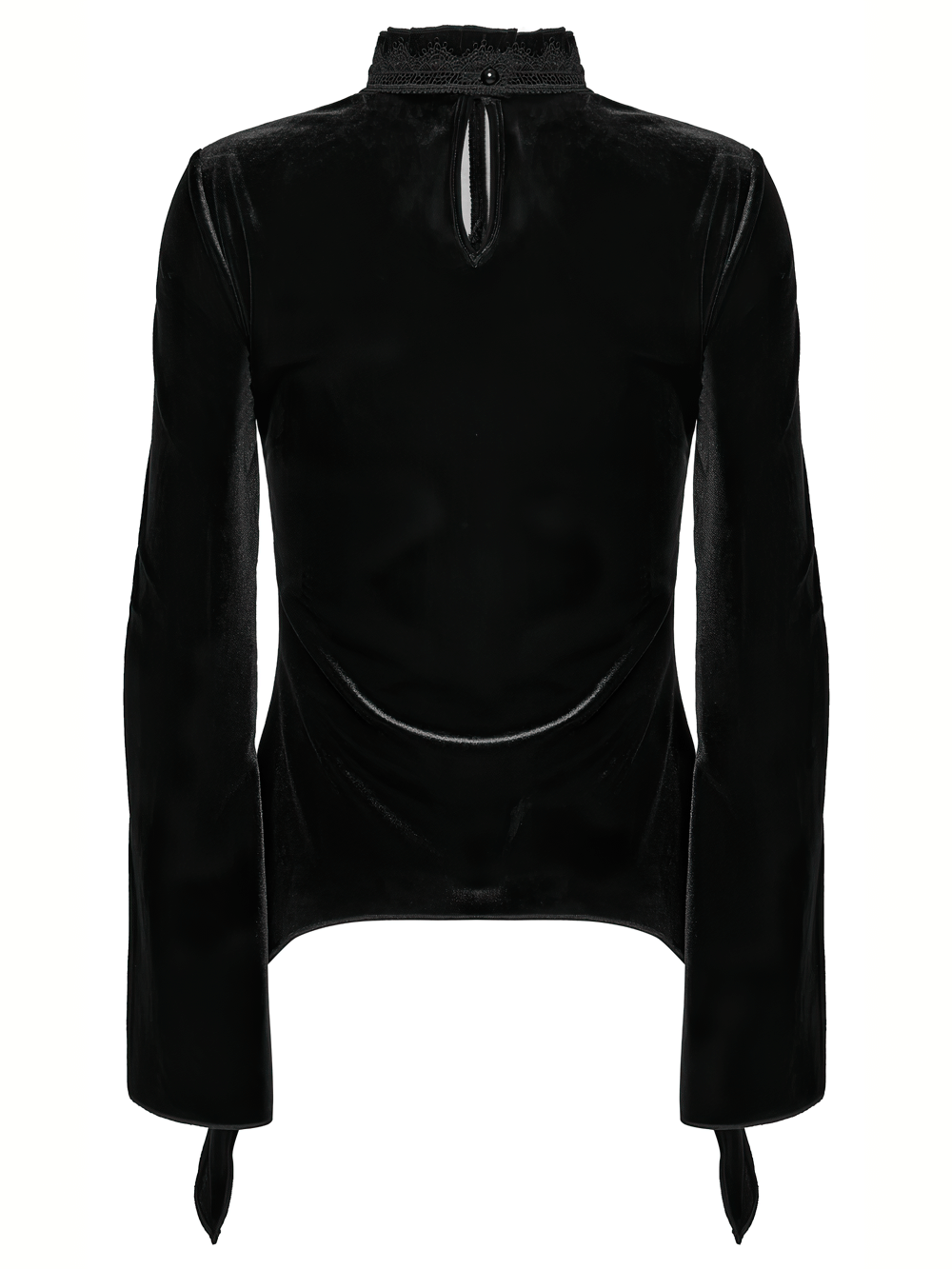 Gothic Black Velvet Top with Lace and Red Heart Detail - Back view showing ruffled collar and long sleeves.