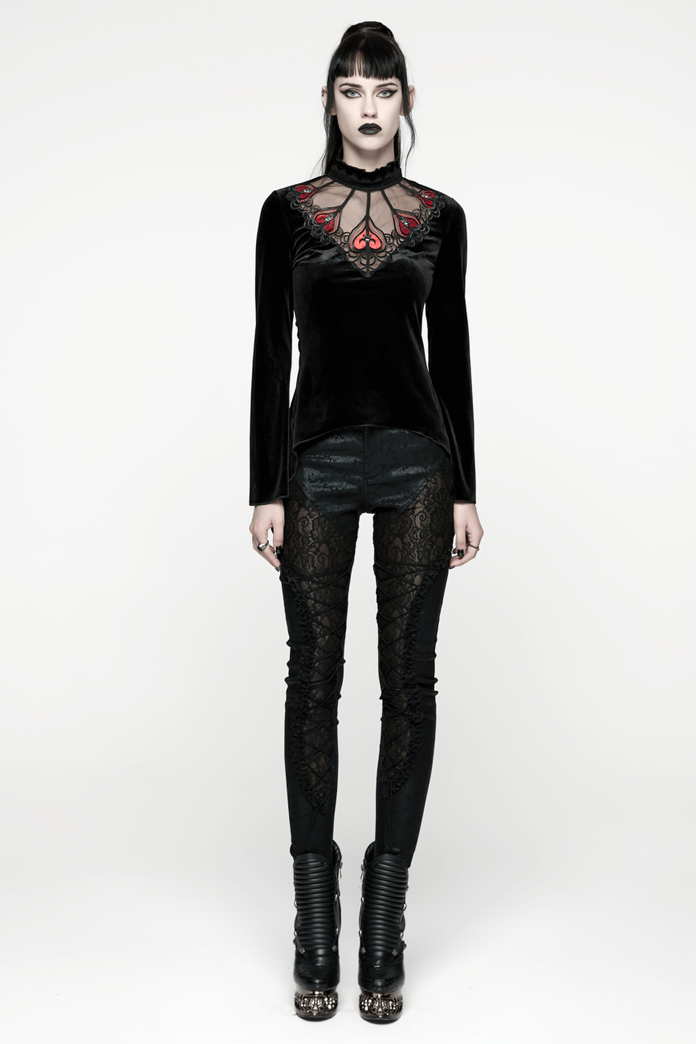 Gothic Black Velvet Top with Lace and Red Heart Detail worn with lace pants, showcasing a stylish gothic outfit.