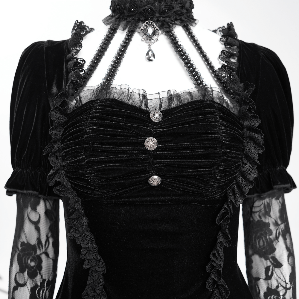 Gothic black velvet top with lace bell sleeves and ornate buttons, perfect for Victorian-inspired fashion.