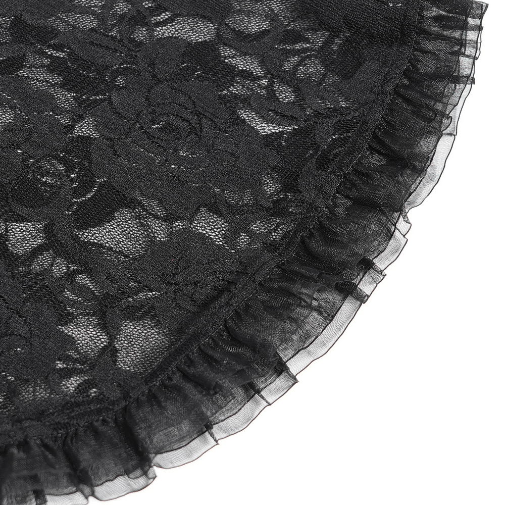 Black floral lace fabric with ruffle trim, perfect for gothic and Victorian-inspired outfits.