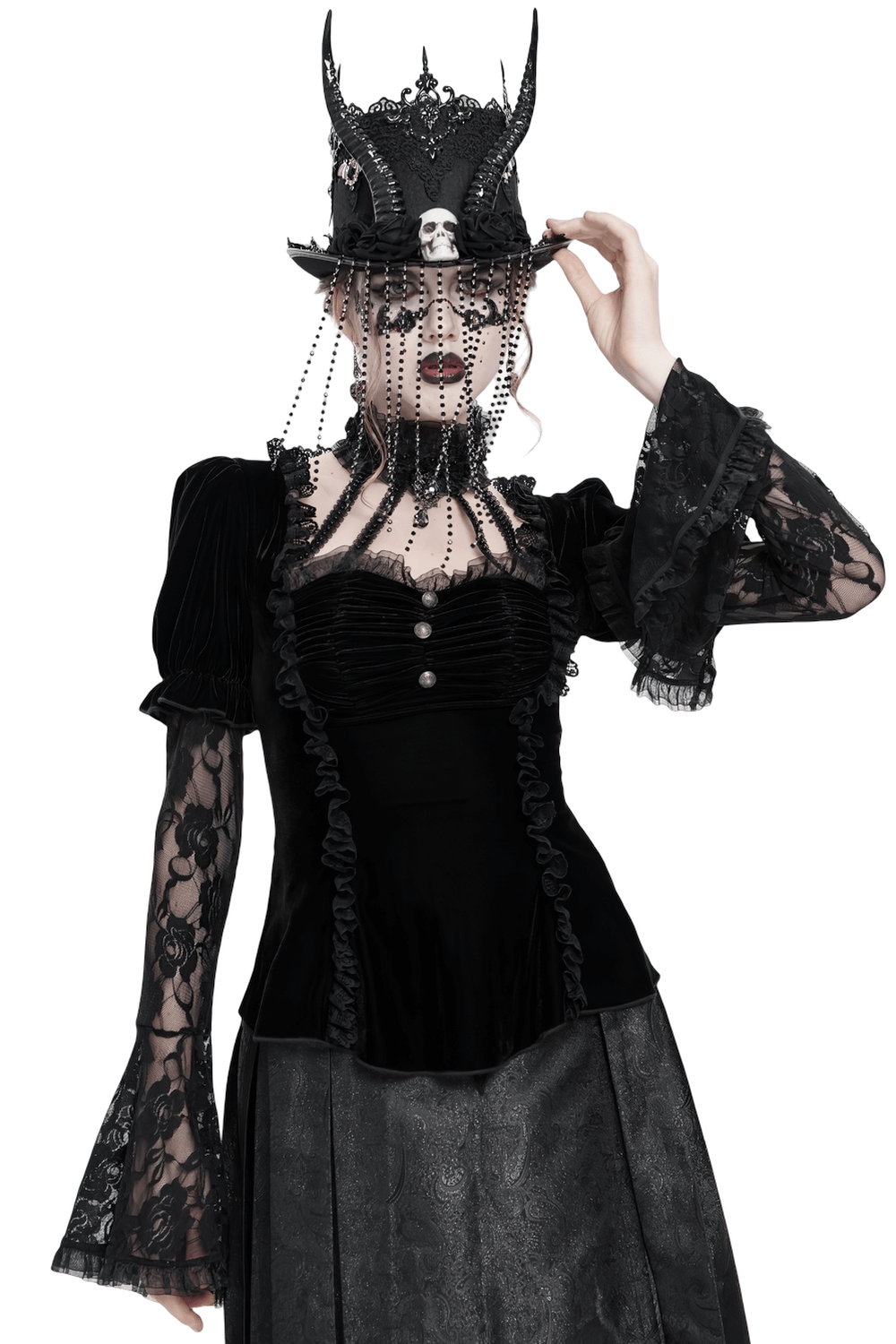 Gothic black velvet top with lace bell sleeves, pairing elegance with dark Victorian style.