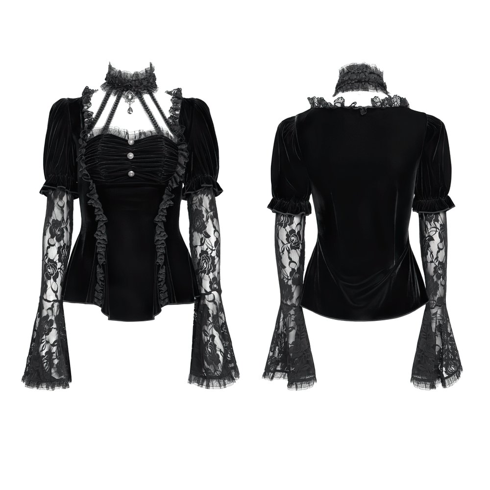 Gothic black velvet top with lace bell sleeves, featuring ruched detail and ruffle trim for a Victorian-inspired look.