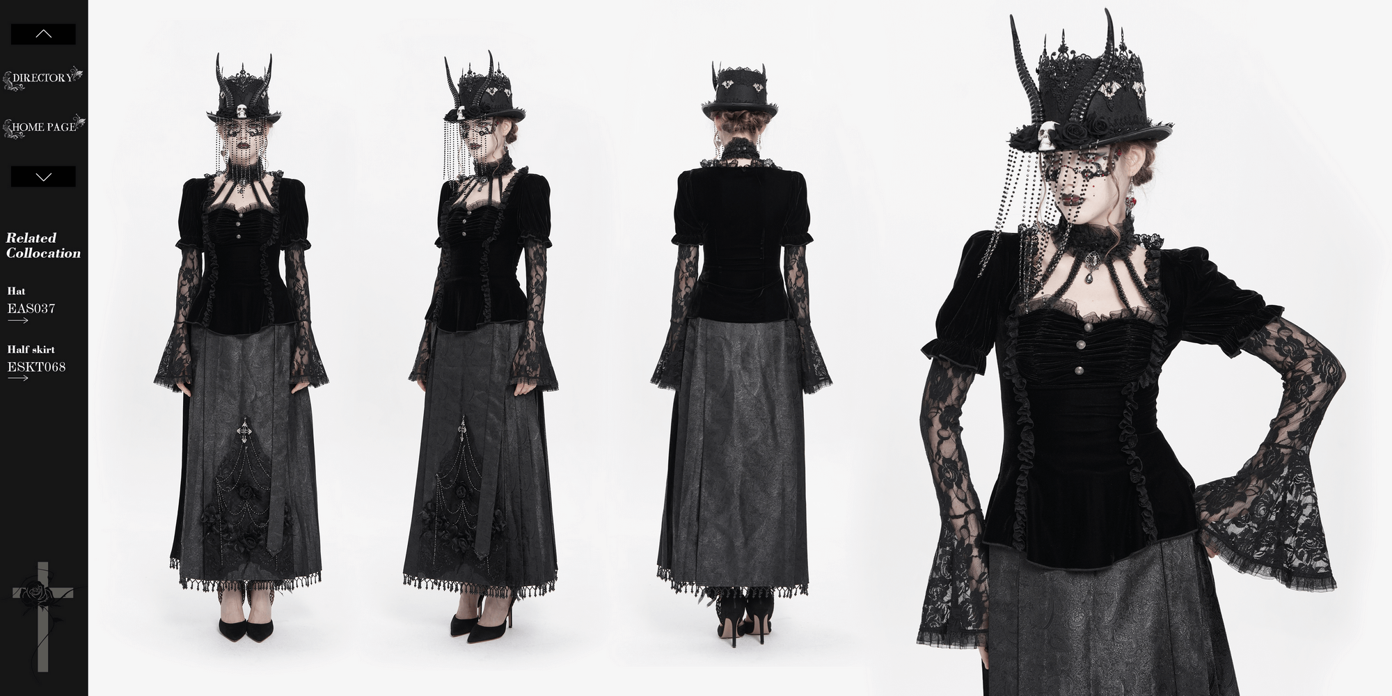 Gothic black velvet top with lace bell sleeves, paired with a long skirt, showcasing dark Victorian fashion elegance.