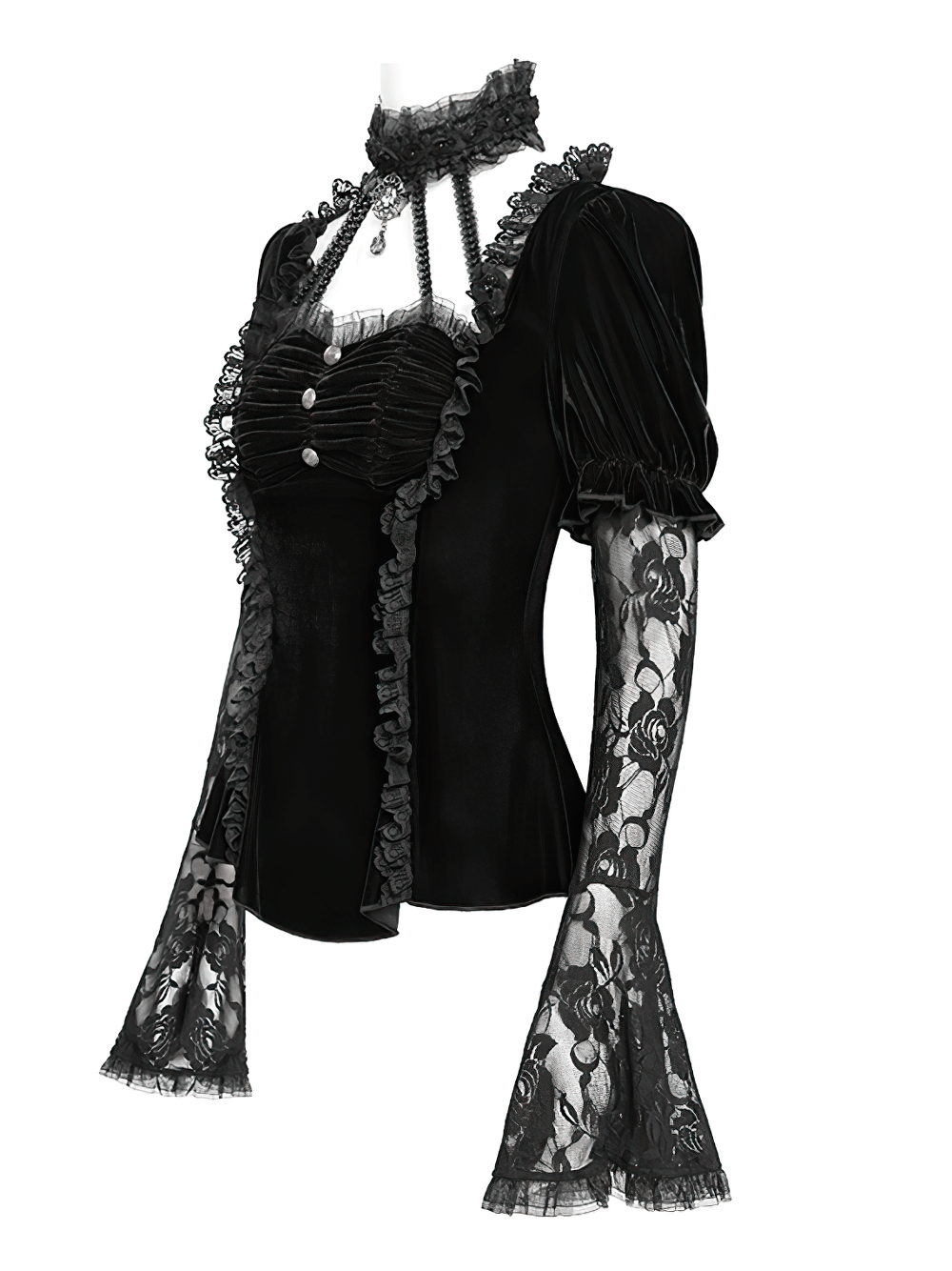 Gothic black velvet blouse with lace bell sleeves and ruffle trim for a Victorian-inspired look.