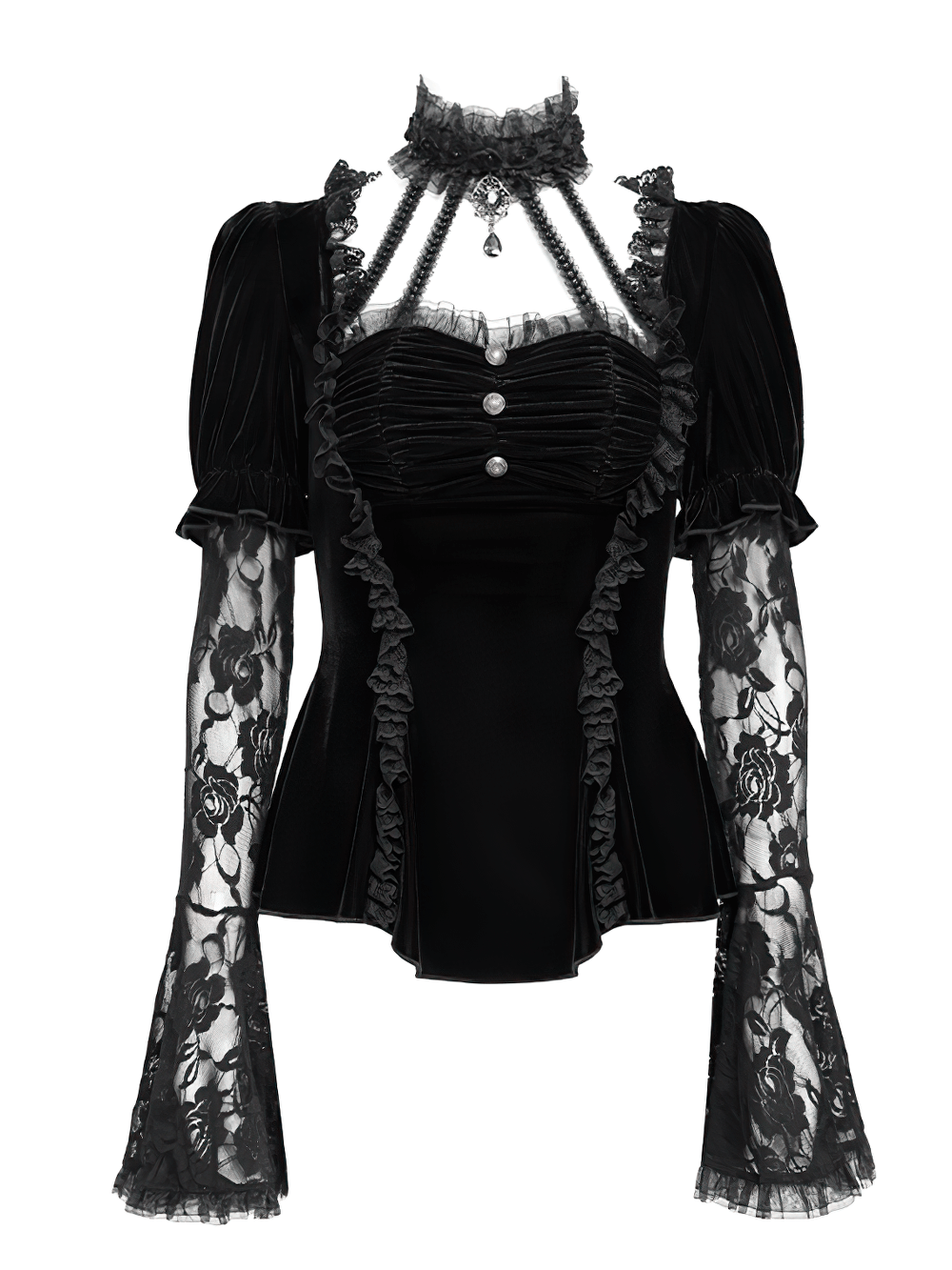 Gothic black velvet top with lace bell sleeves and ruched front, perfect for a Victorian-inspired style.