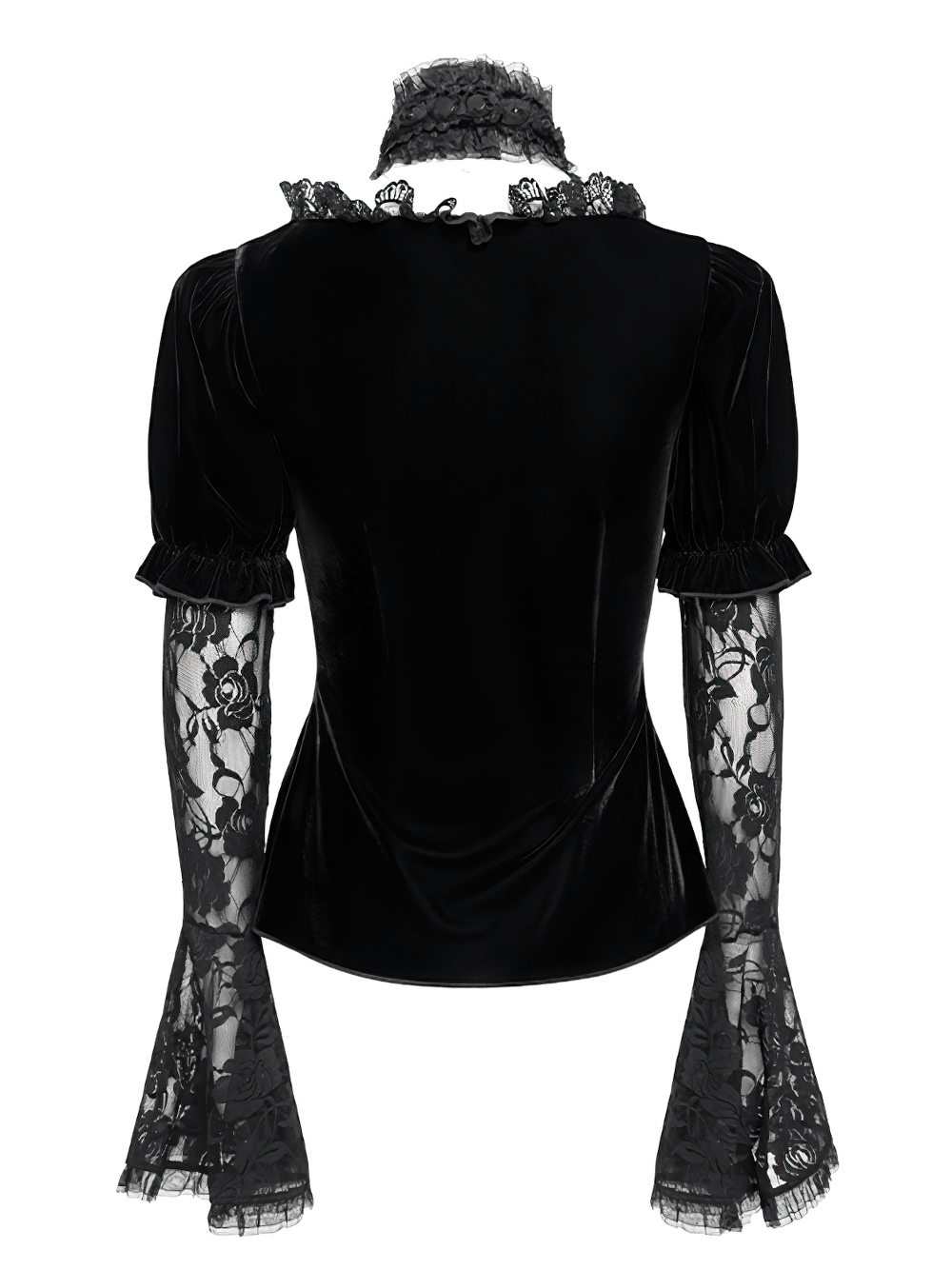 Back view of a gothic black velvet top with sheer lace bell sleeves and ruffle trim, perfect for a Victorian-inspired look.