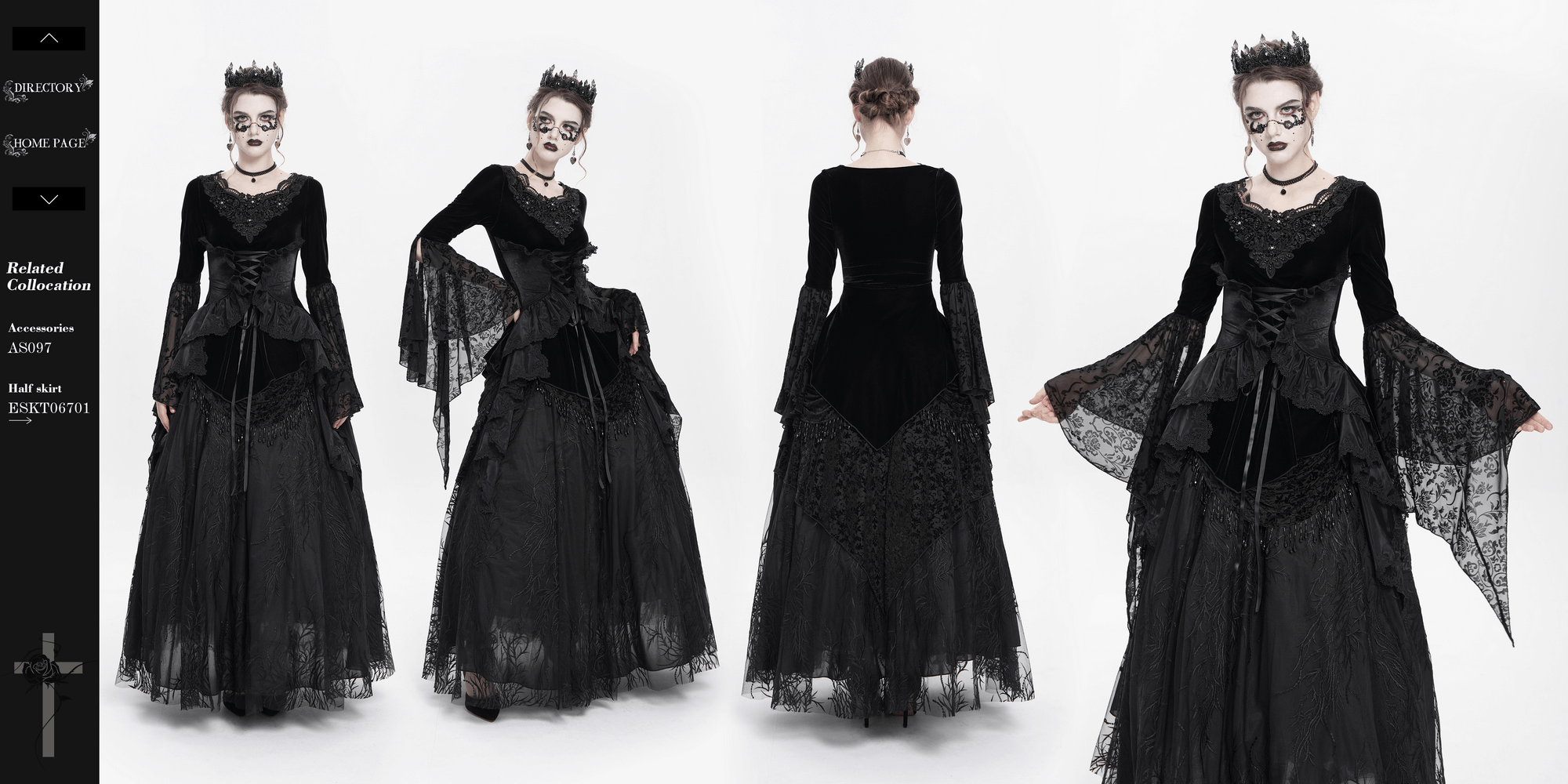 Gothic black velvet top with corset front, lace sleeves, and dramatic sheer bell sleeves, perfect for evening wear.