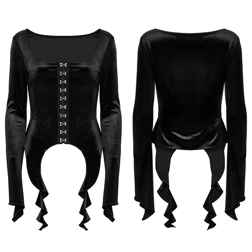 Gothic black velvet top with square collar, metal buckles, and unique hem design.