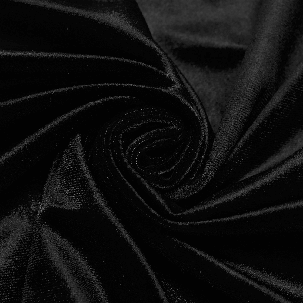 Close-up of luxurious black velvet fabric, showcasing its soft texture and deep color perfect for gothic fashion.