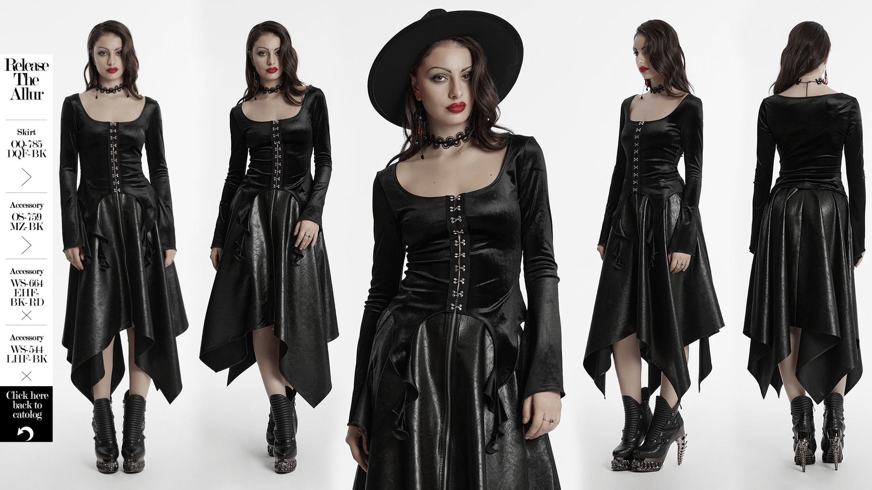 Gothic black velvet top with square collar, metal buckles, and unique hem design, showcasing a sleek fitted silhouette.