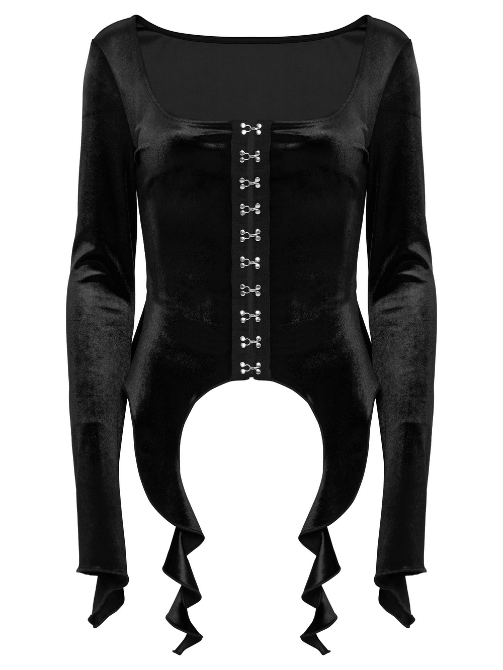 Gothic black velvet top with square collar, metal buckles, and unique gradient design.