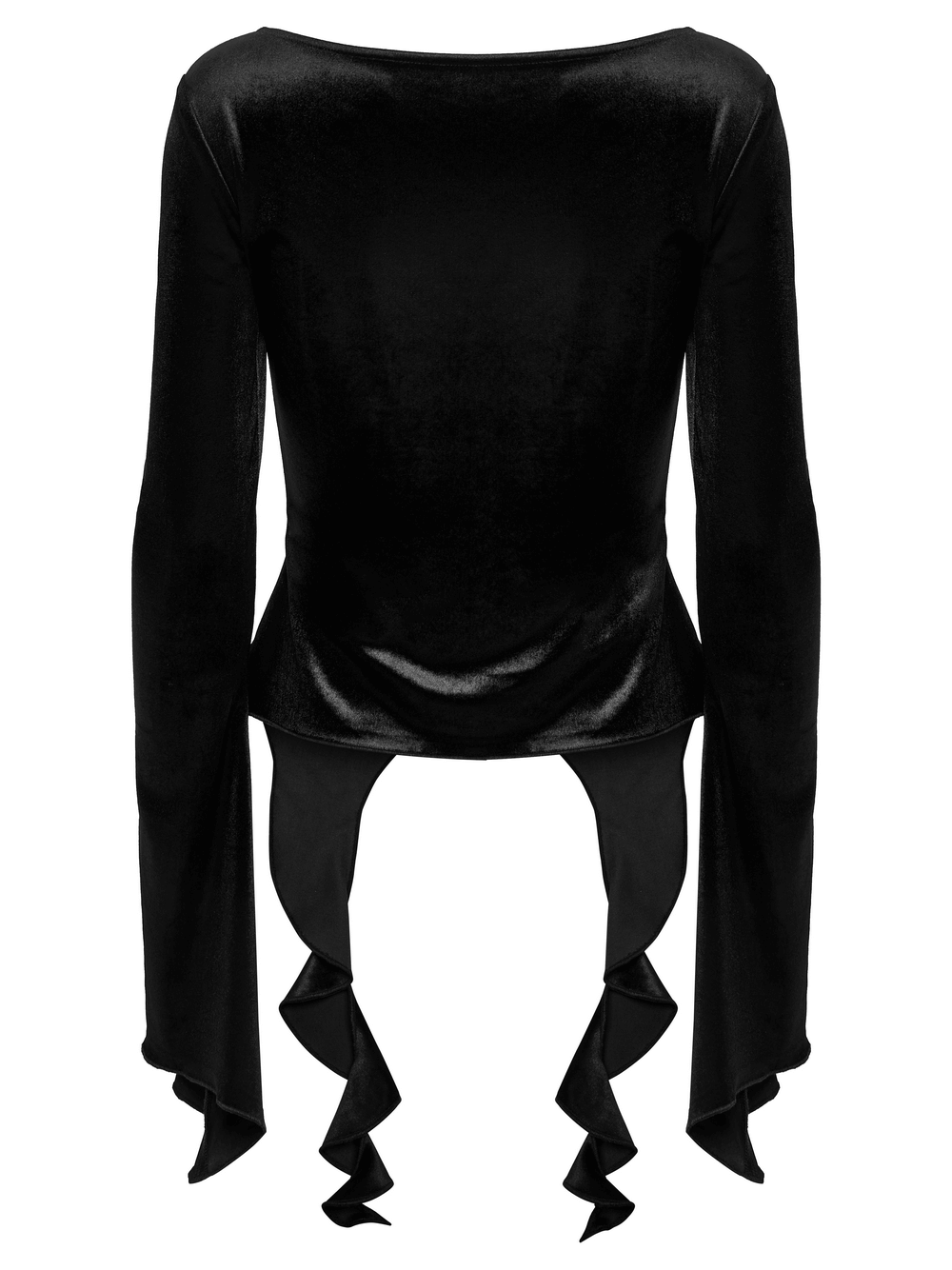 Gothic black velvet top featuring a square collar and flowing ruffled sleeves for a bold fashion statement.