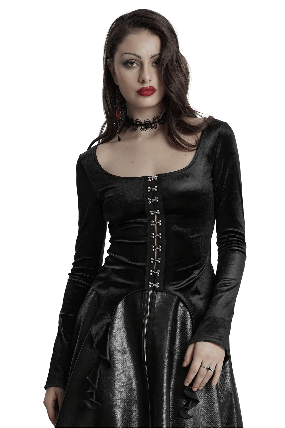 Gothic black velvet top with square collar and metal buckles, featuring a sleek design and gradient texture.