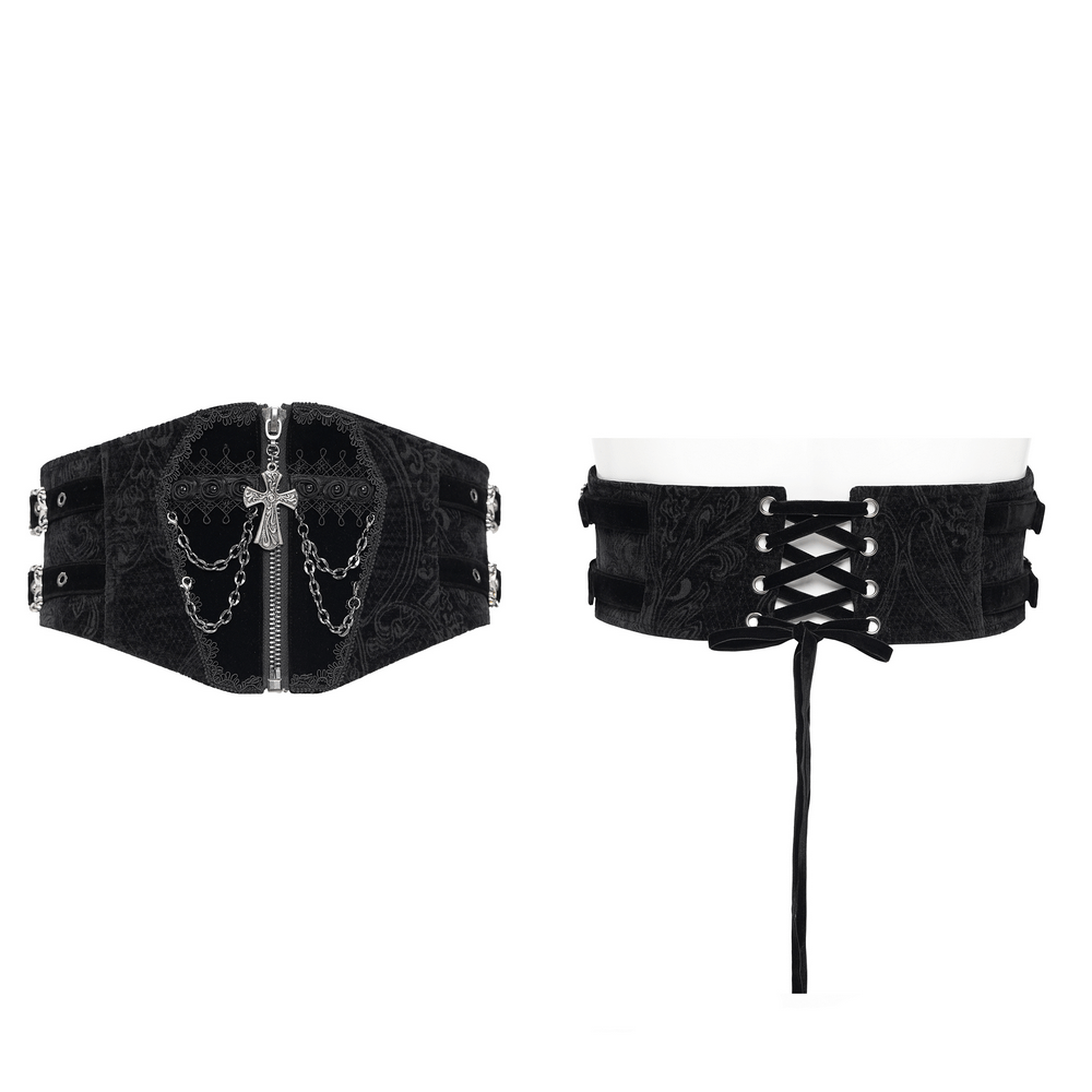 Gothic black waist cincher with chains and cross, featuring lace-up back and intricate paisley patterns.