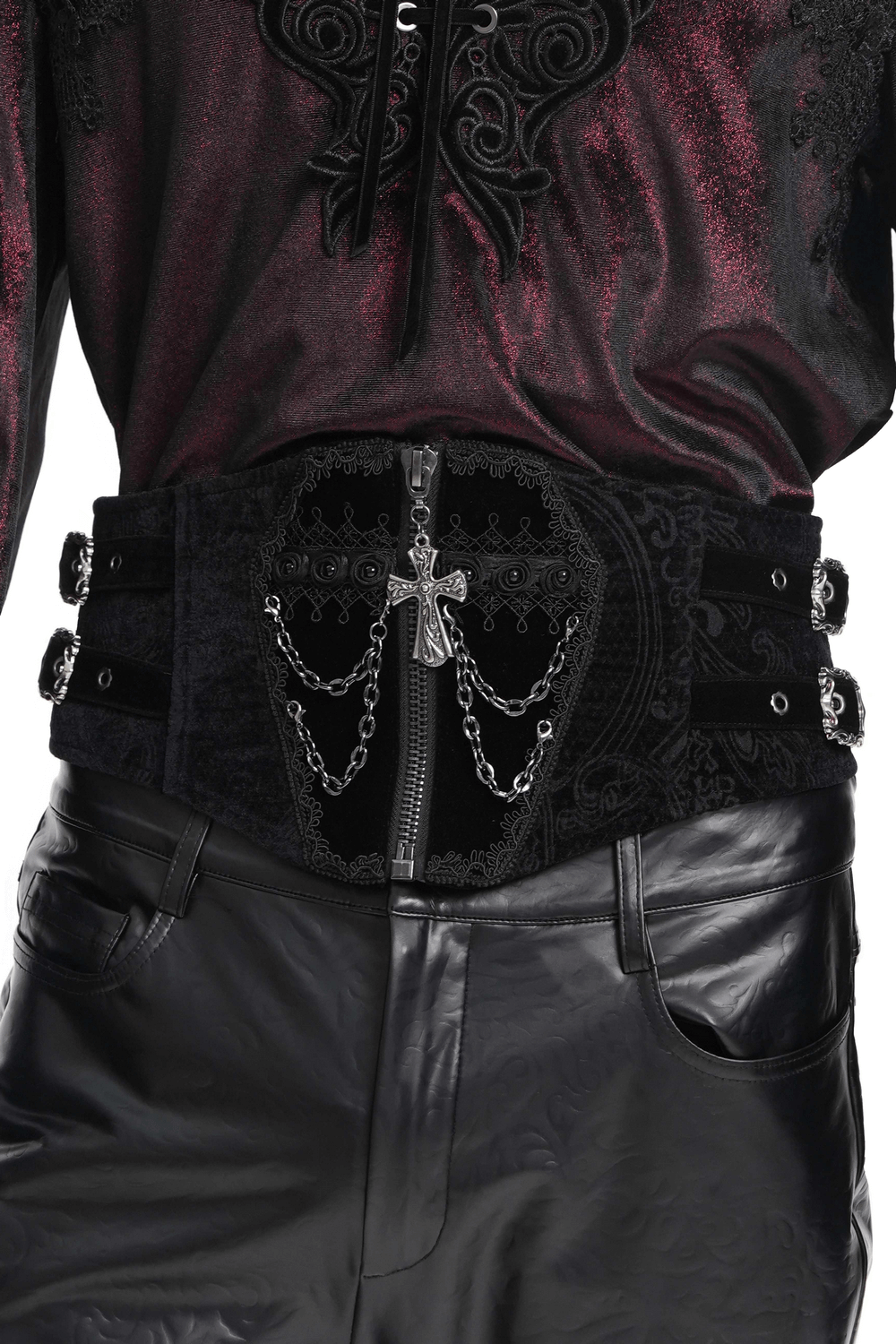 Gothic black waist cincher with chains, cross and lace-up back, perfect for steampunk and Victorian outfits.