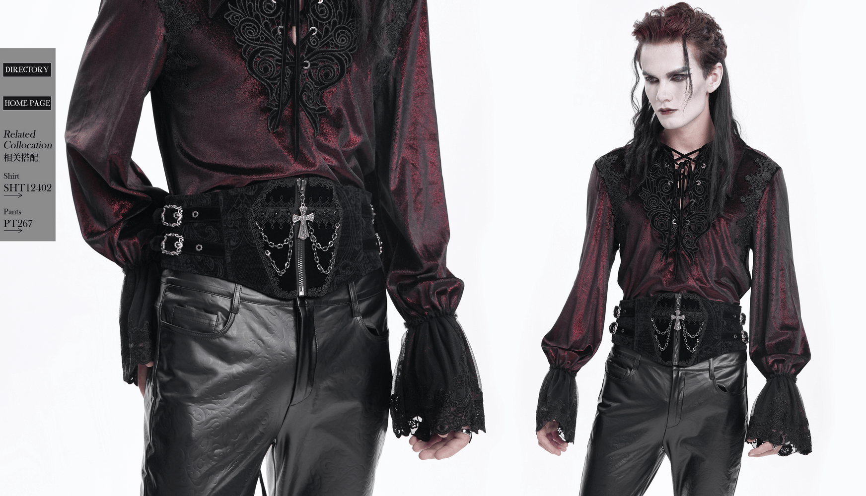 Gothic model wearing a black waist cincher with chains and cross, paired with a dark, stylish blouse and sleek pants.