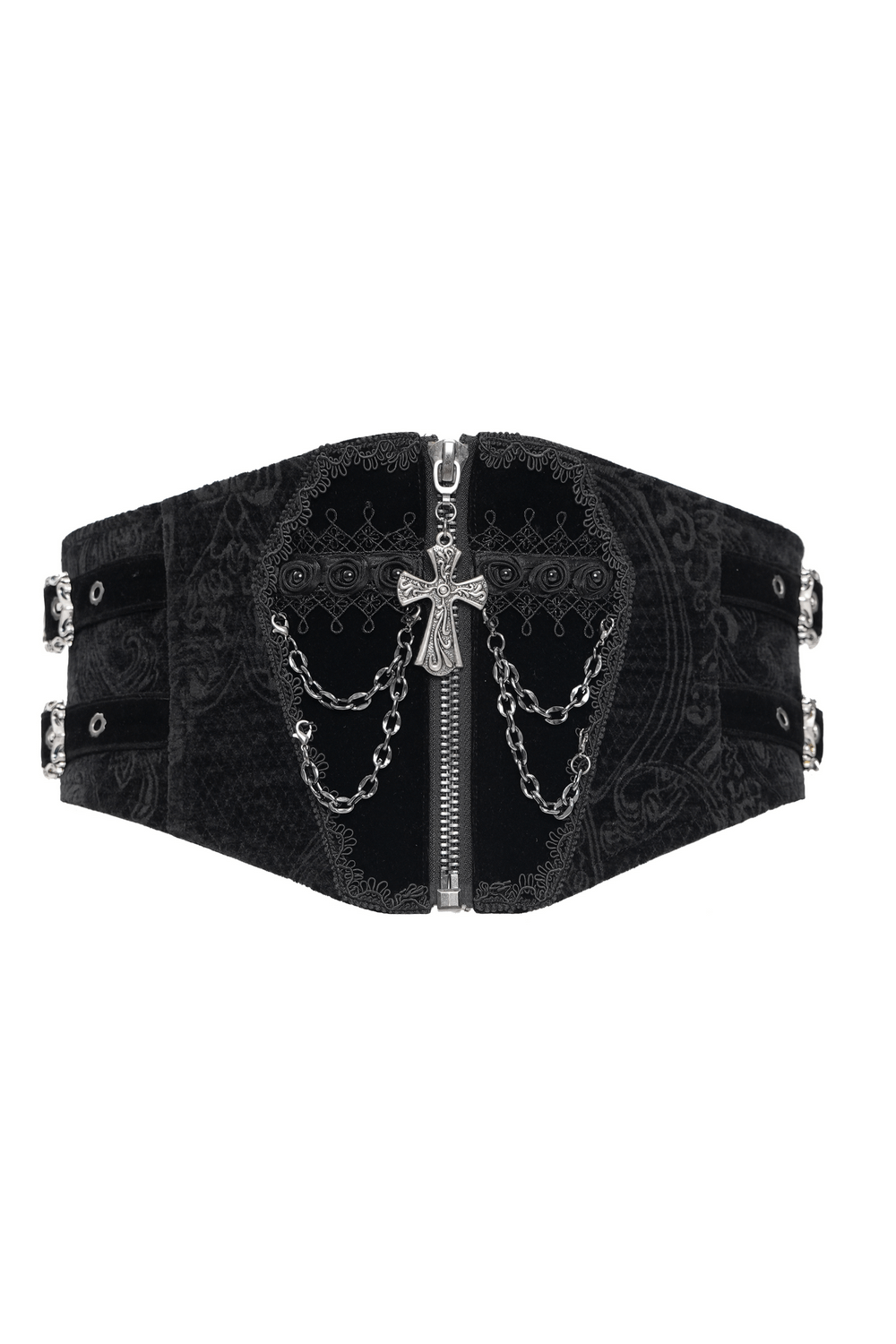 Gothic black waist cincher with chains, cross detail, and lace-up back for Victorian steampunk style.