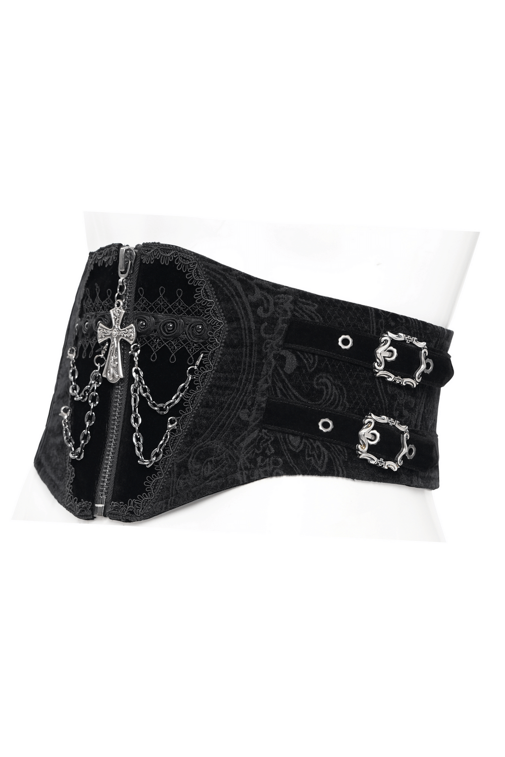 Gothic black waist cincher with chains and cross, featuring intricate paisley pattern and lace-up back for a stylish fit.