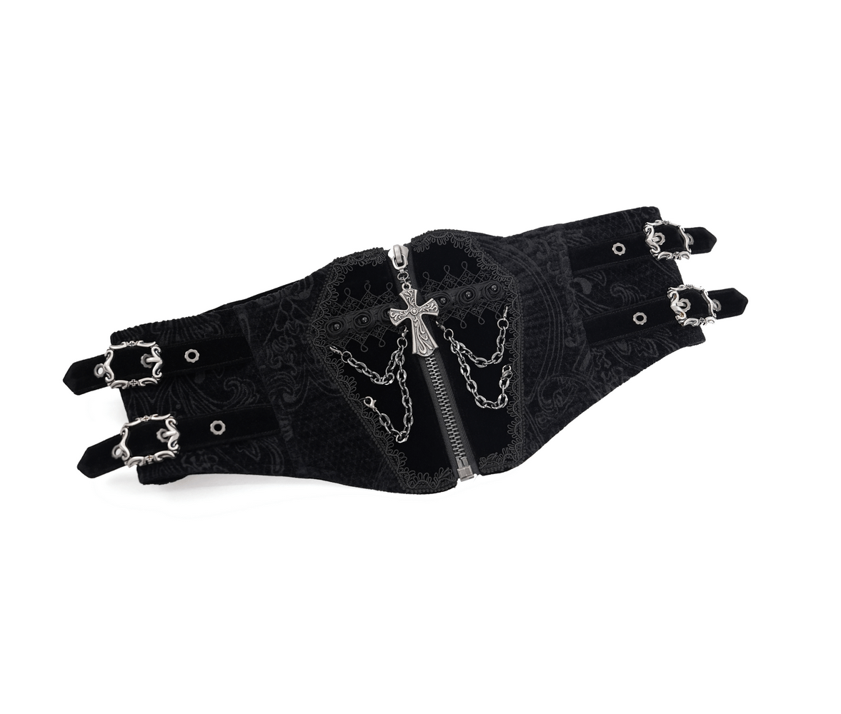 Gothic black waist cincher with chains, cross, and lace-up back, perfect for steampunk and Victorian outfits.