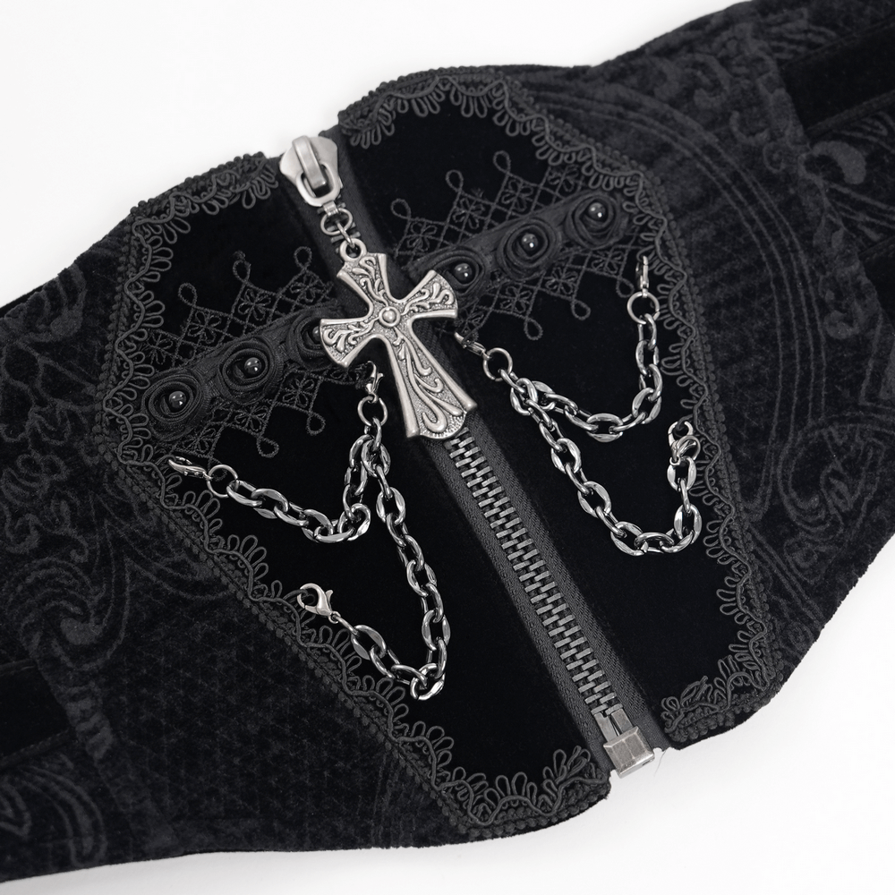 Gothic black waist cincher with chains, cross detail, and intricate paisley patterns for a darkly elegant look.