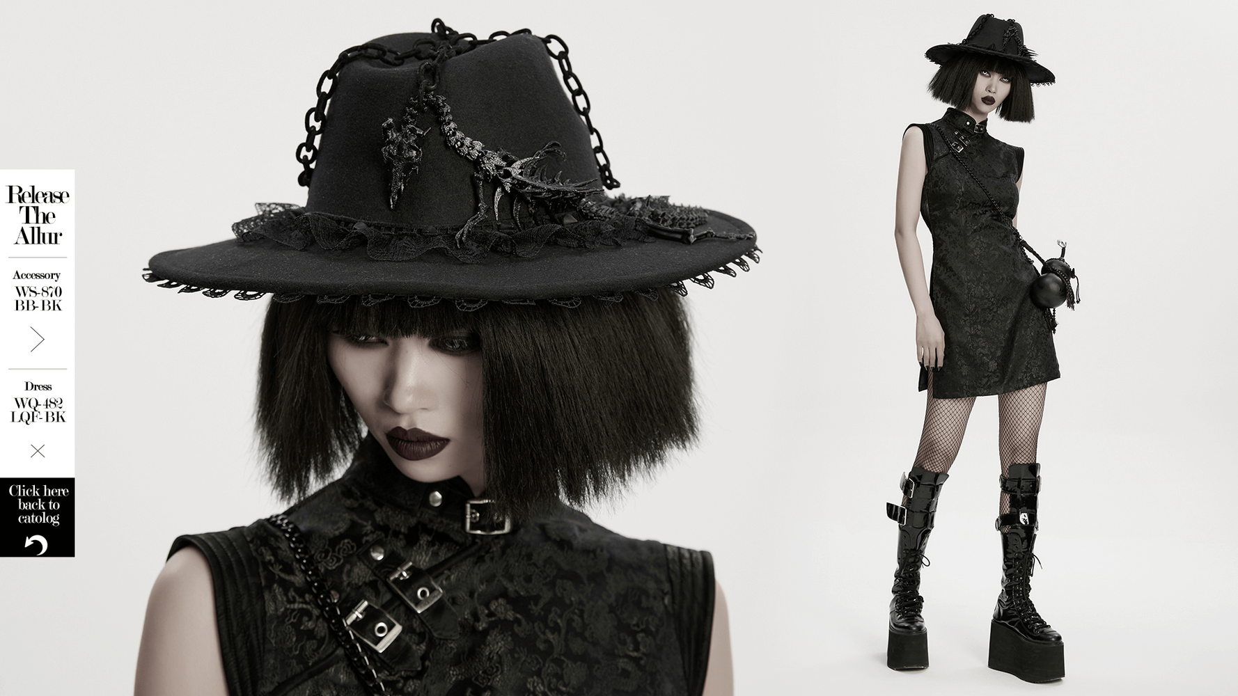 Gothic Black Wide Brim Hat with Dragon Bone Chains worn by model in gothic outfit, showcasing lace details and chains.