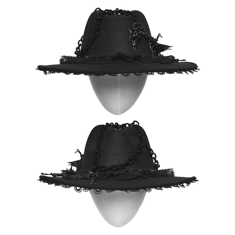 Gothic Black Wide Brim Hat with Dragon Bone Chains showcasing lace details and dramatic silhouette.