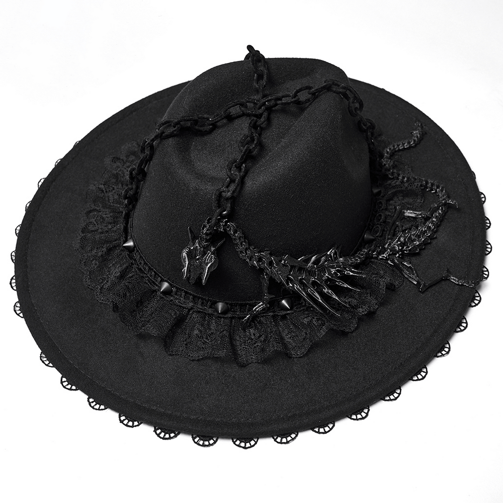 Gothic Black Wide Brim Hat with Dragon Bone Chains showcases twisted dragon bone details and lace embellishments.