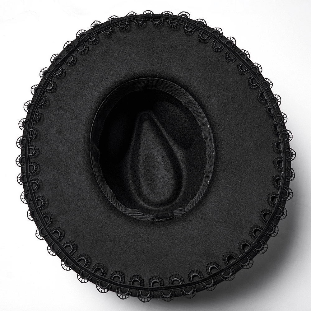 Gothic Black Wide Brim Hat with Dragon Bone Chains, showcasing intricate lace detailing from the top view.