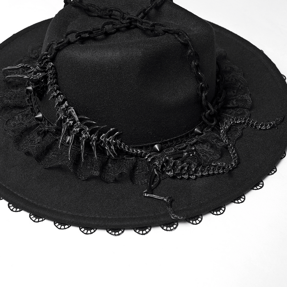 Gothic Black Wide Brim Hat with Dragon Bone Chains featuring lace and twisted dragon bone details.