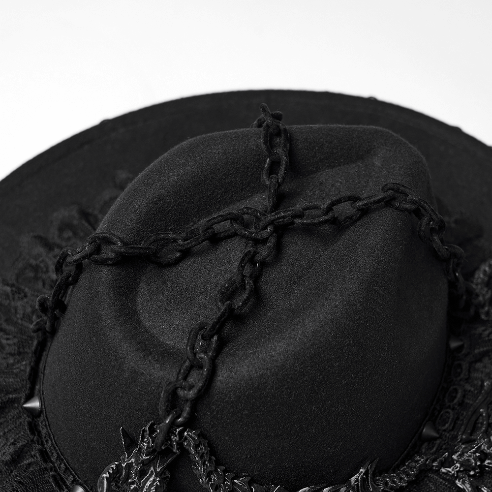 Gothic Black Wide Brim Hat with Dragon Bone Chains showcasing unique lace and chain embellishments.