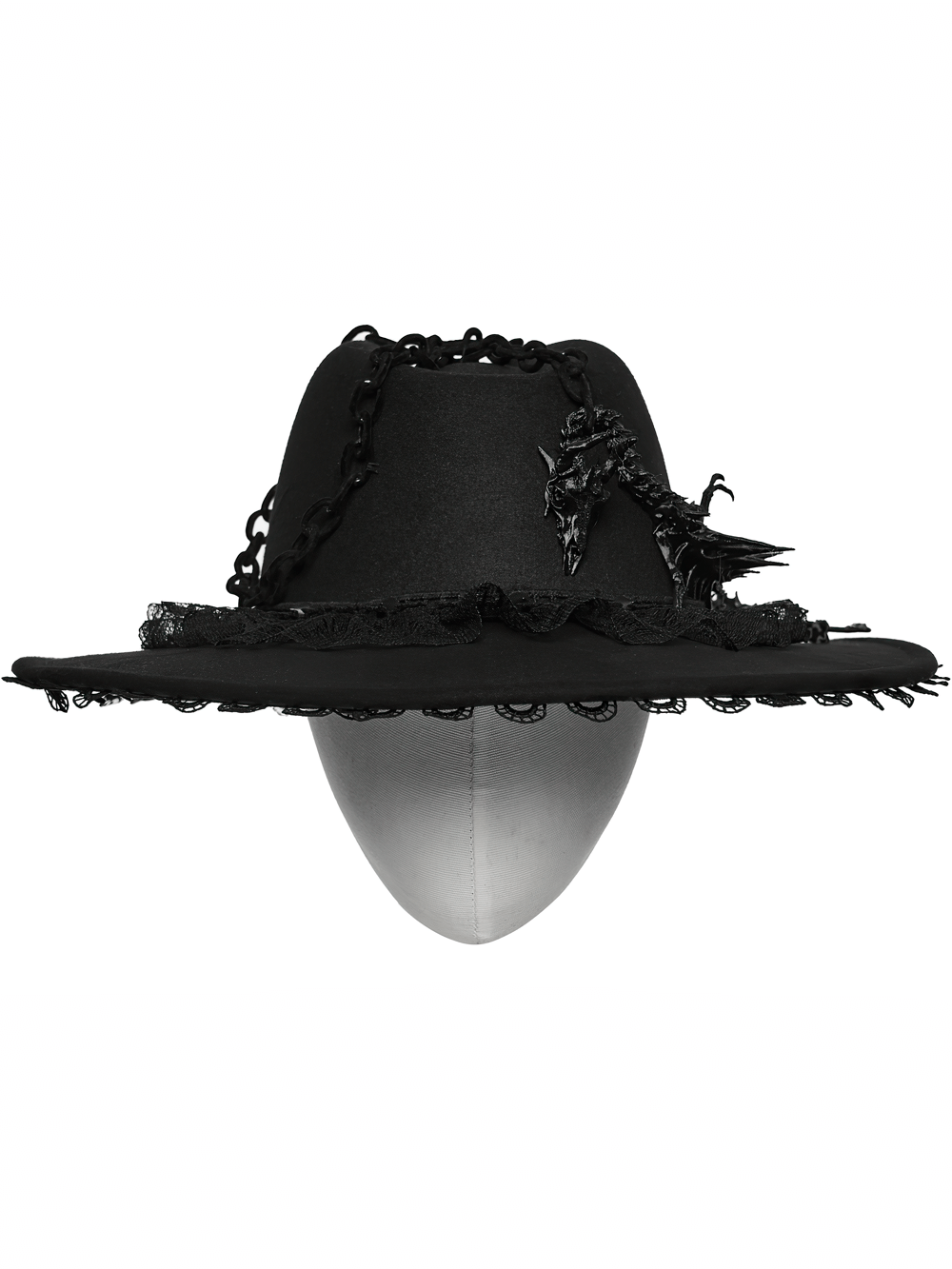 Gothic Black Wide Brim Hat with Dragon Bone Chains featuring lace and dragon bone details.