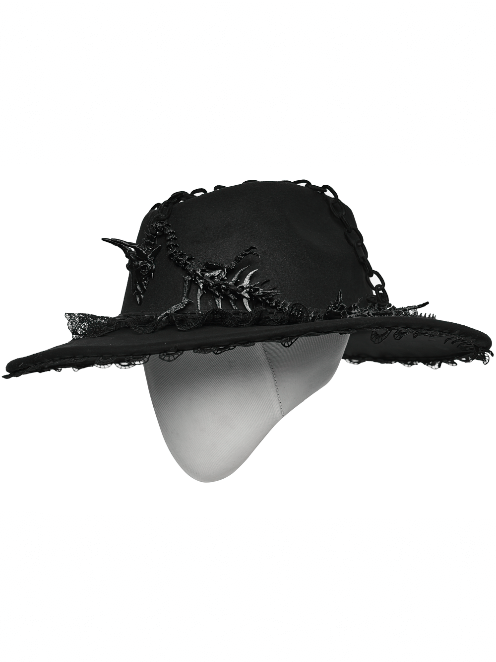 Gothic Black Wide Brim Hat with Dragon Bone Chains showcasing twisted details and lace embellishments.