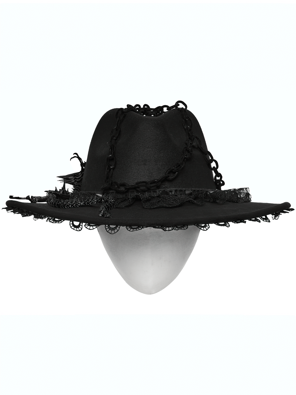 Gothic Black Wide Brim Hat with Dragon Bone Chains featuring lace details and twisted dragon bone design.
