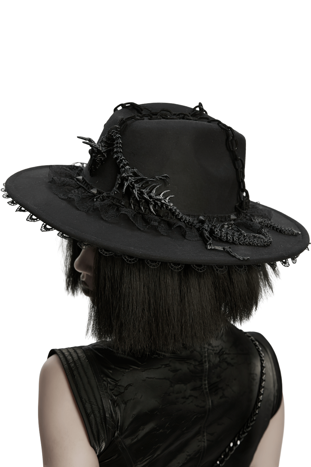 Gothic Black Wide Brim Hat with Dragon Bone Chains showcasing lace and dragon bone details.