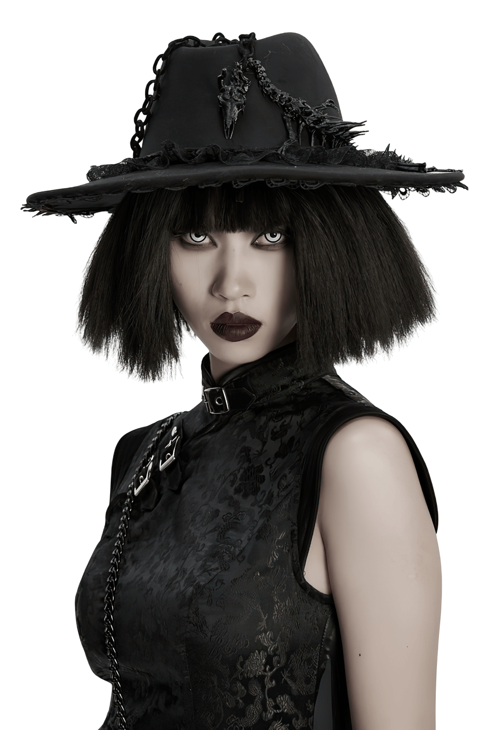 Gothic Black Wide Brim Hat with Dragon Bone Chains worn by a model featuring a striking gothic look.